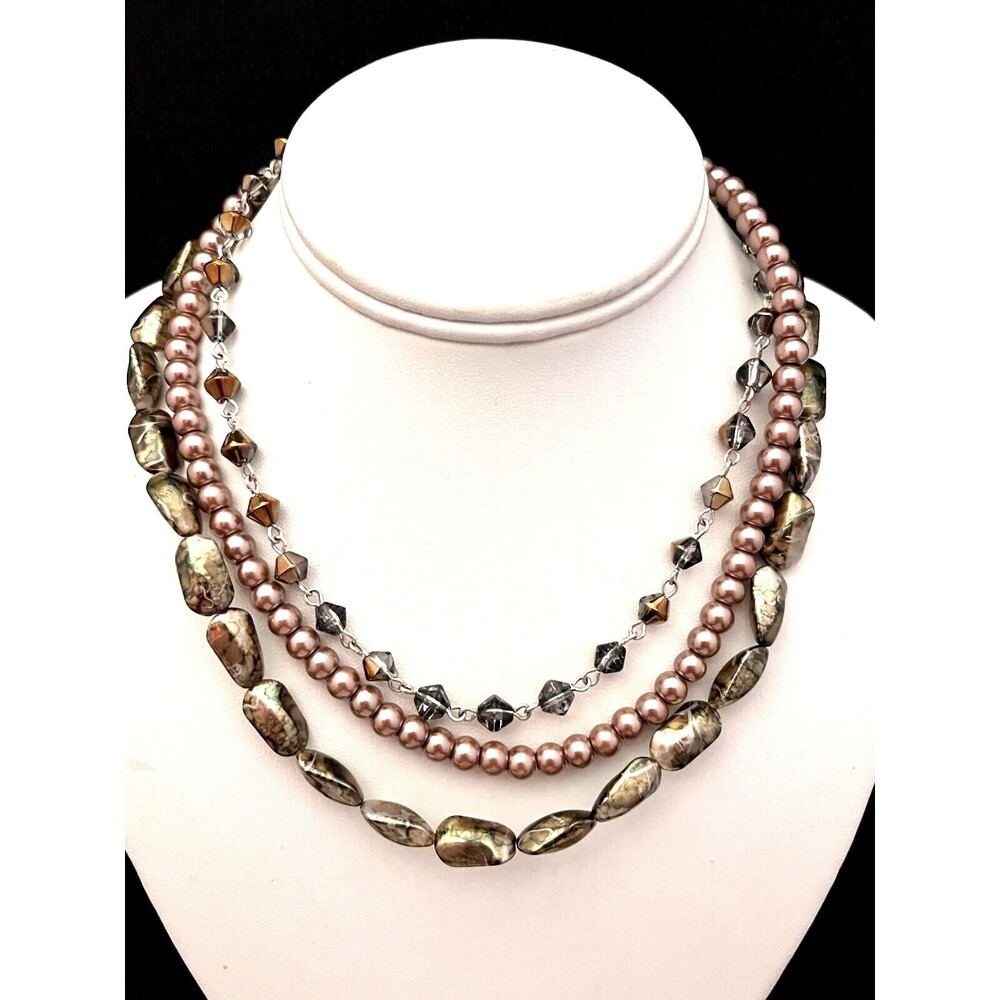 New Multi Strand Necklace Simulated Pearl Earth Tones - 13N